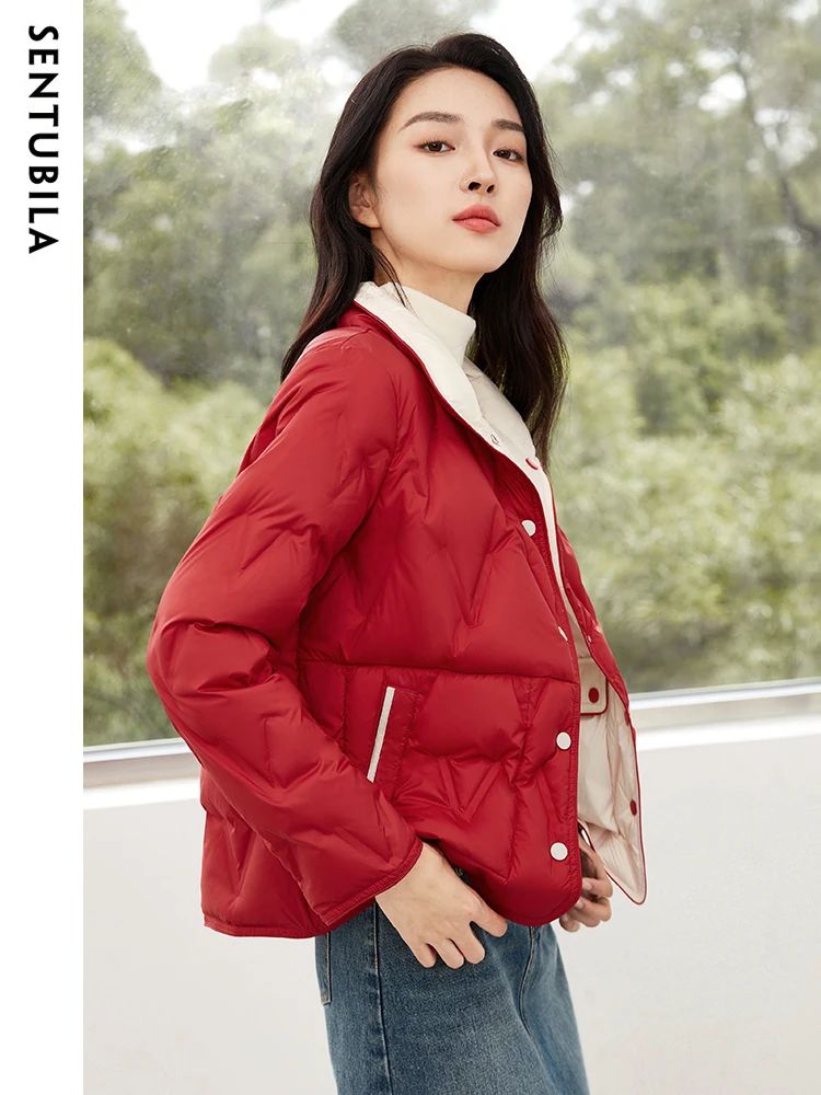 SENTUBILA Crop Down Jacket Winter for Women 2023 Elegant 90% White Duck Down Coat Stand Collar Reversible Wear Outwear W34Y49563