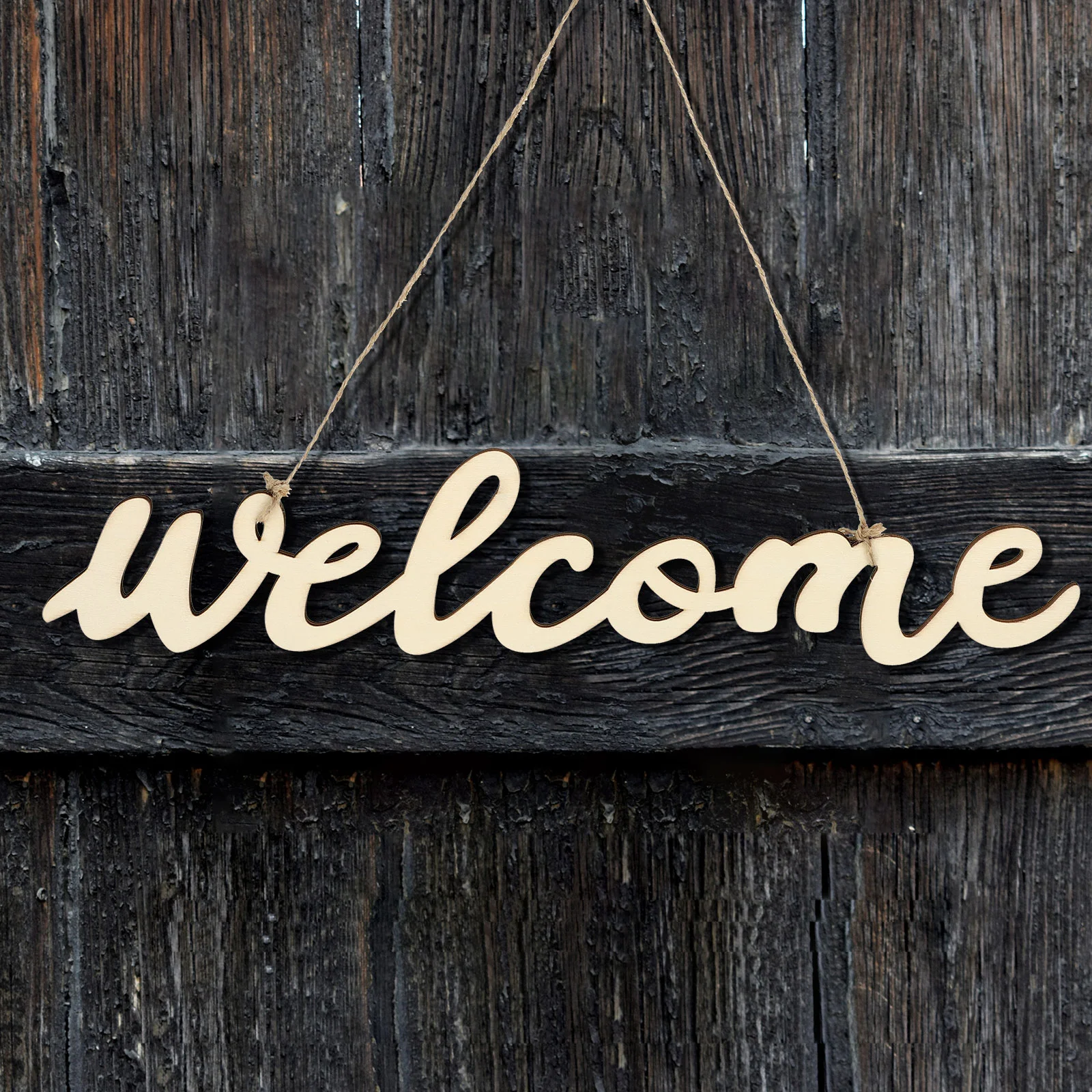 

Welcome Sign for Front Porch, rustic welcome cutout Wooden Hanging Sign Door Hanger Doorplate Decor with Ropes for Home