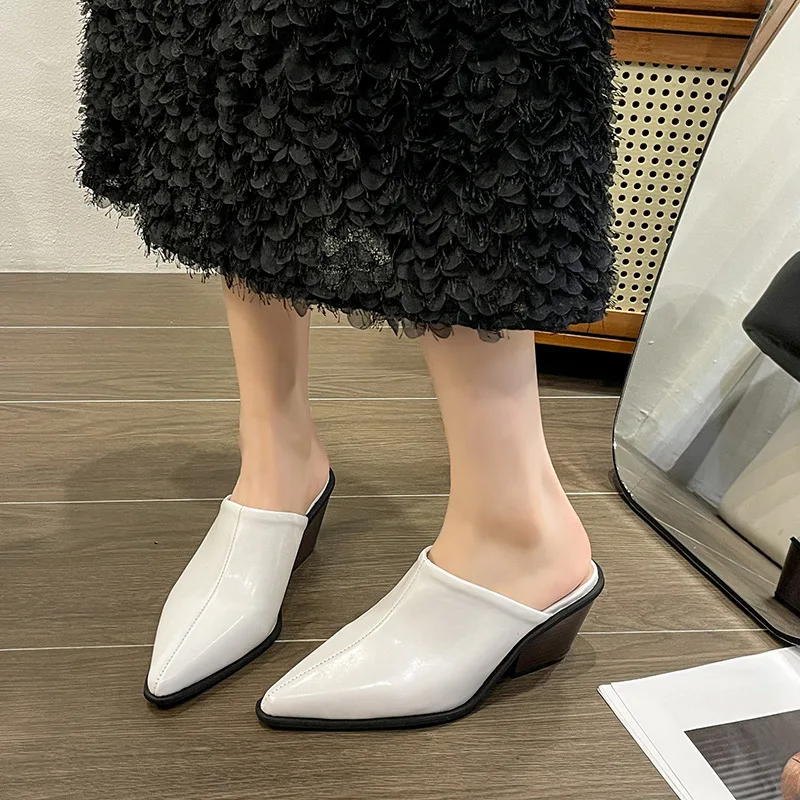 

Slippers Casual Shoes Mules For Women 2024 Square heel Big Size Loafers Low Cover Toe Slides Luxury Heels Block PU Rome High Rub