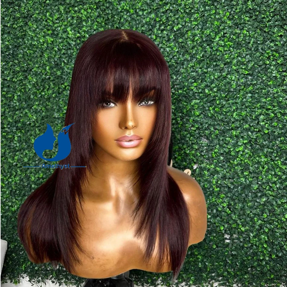 자수정 다크 버건디 레이어드 컷 두피 탑 인모 가발, 흑인 여성용 앞머리 포함, 브라질 무접착제 스트레이트 레미 헤어 99J