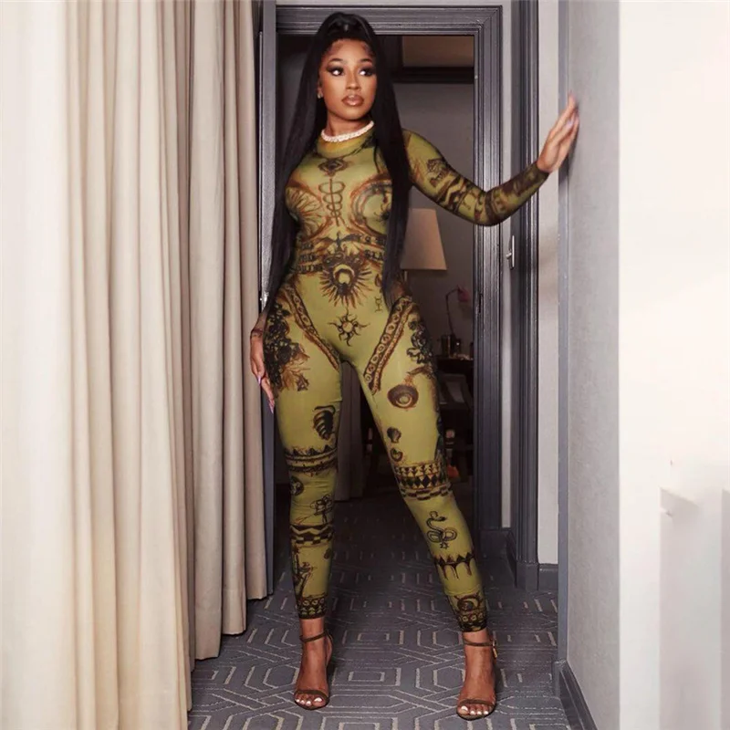 

Women Aesthetic Full Sleeve Hipster Unique Print Jumpsuit Autumn New With Zipper Overall Female Stunning Street Attirewear