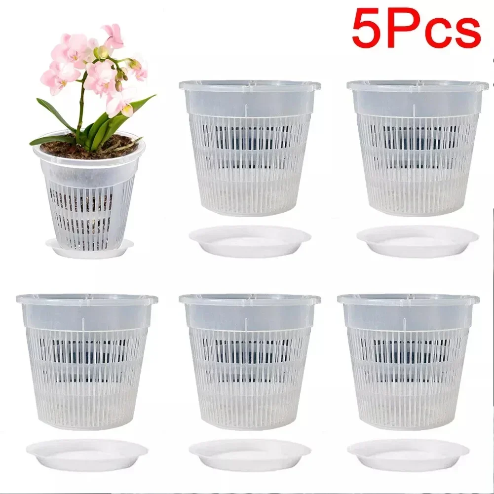 5pcs Orchid Flower Pot With Saucers Plastic Clear Repotting Pot With Holes Mesh Root Control Breathable