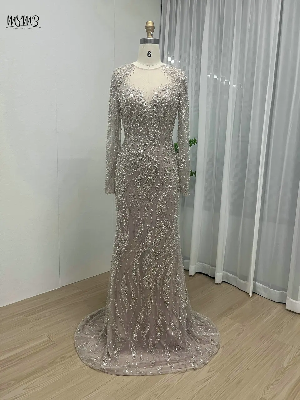 MYMB Klassisches rosa langärmliges muslimisches Abendkleid, elegantes, perlenbesetztes Meerjungfrau-Kleid für formelle Anlässe mit abnehmbarer Schleppe MS66014-3 – Detail 11