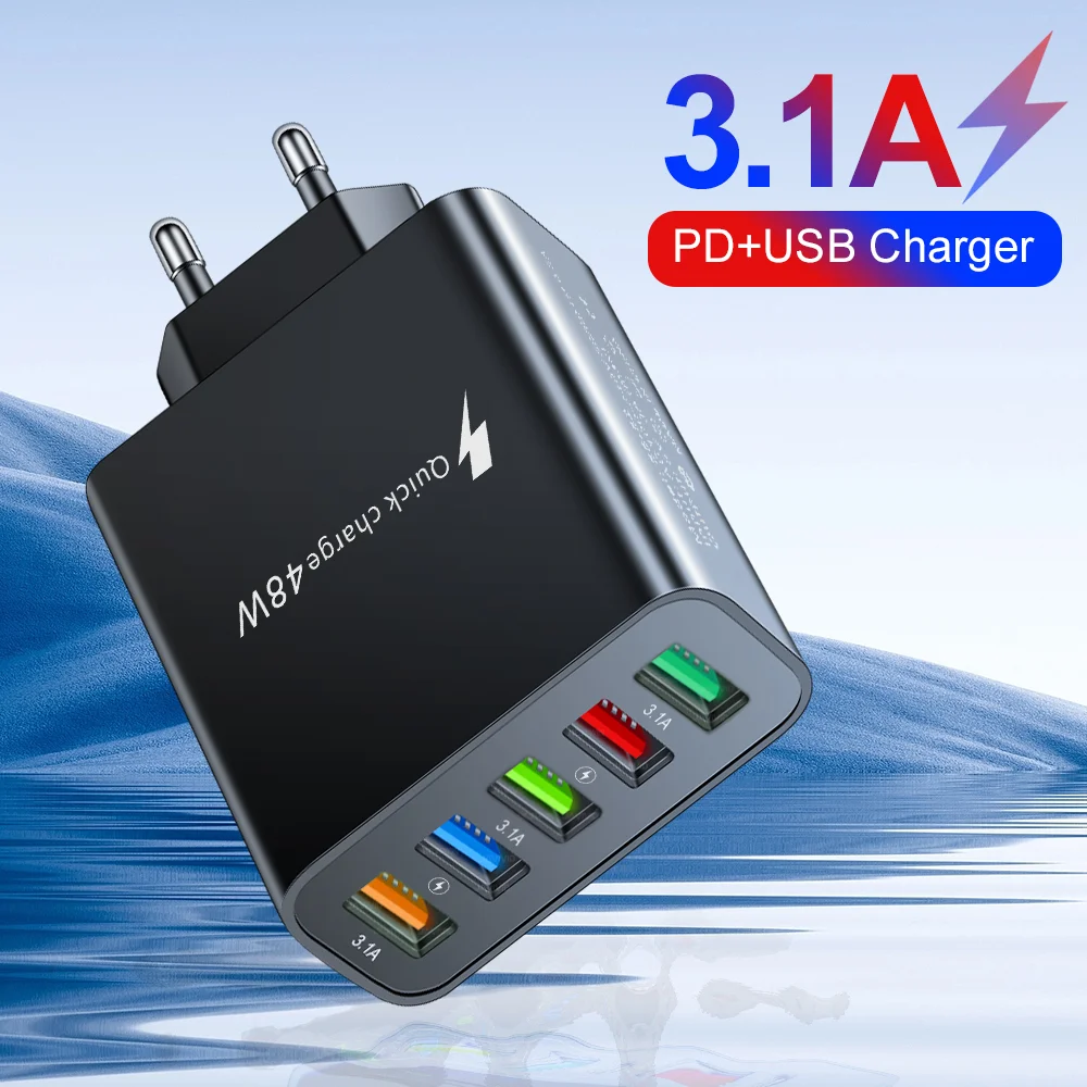 Зарядное устройство с 5 USB-портами, 48 Вт, QC 3,0 | AliExpress