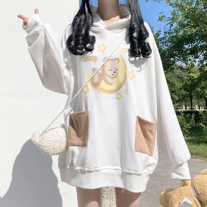 Women Harajuku Sweatshirt Cute Teddy Bear Hoodie Sweatshirts Woman Black Oversized Plush Vintage Kawaii Clothes White Streetwear