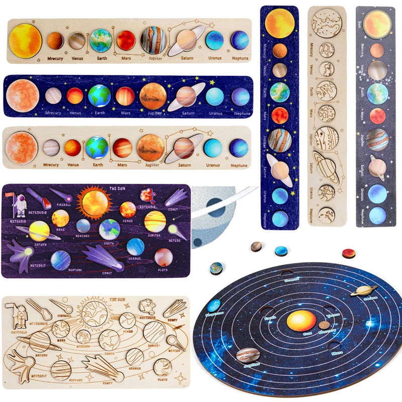 Baby Wooden Montessori Teaching Aids Science Cognition Jigsaw Puzzle Universe Solar System Eight Planet Matching Educational