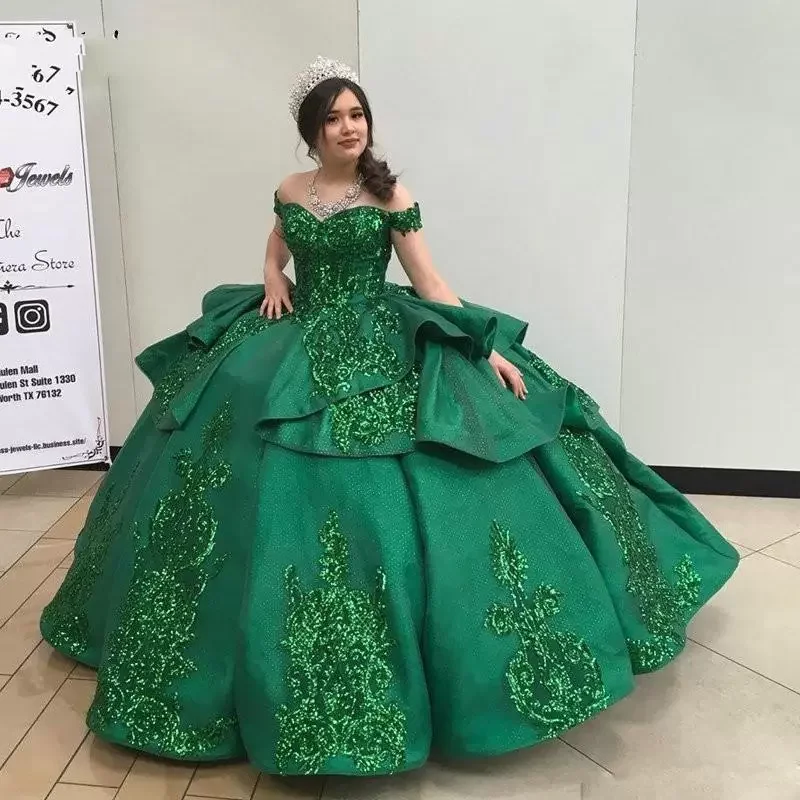 

ANGELSBRIDEP изумрудно-зеленые платья Quinceanera бальное платье с открытыми плечами с оборками атласное с блестками милое 16 платье Выпускной