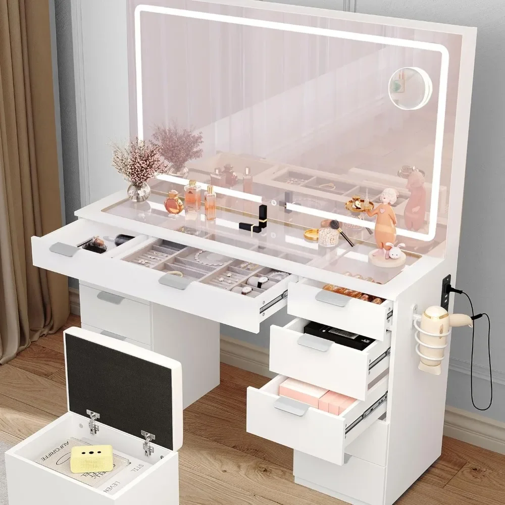 Vanity Desk Set Adjustable LED Lighted Mirror & Power Outlet Glass Top Makeup Vanity 11 Drawers Magnifying Glass Items makeup dressing table box container drawer nordic organizer Woman coiffeuse dressers