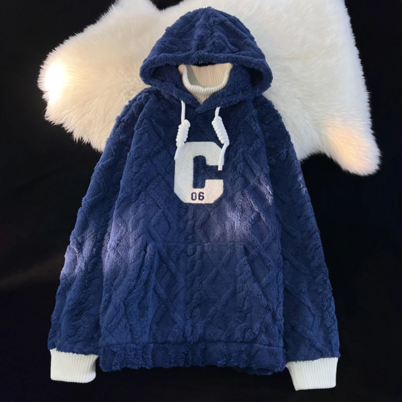 

Американские ретро Лоскутные искусственные толстовки из двух частей осень зима овечья шерсть свободные толстые пуловеры с капюшоном на шнурке