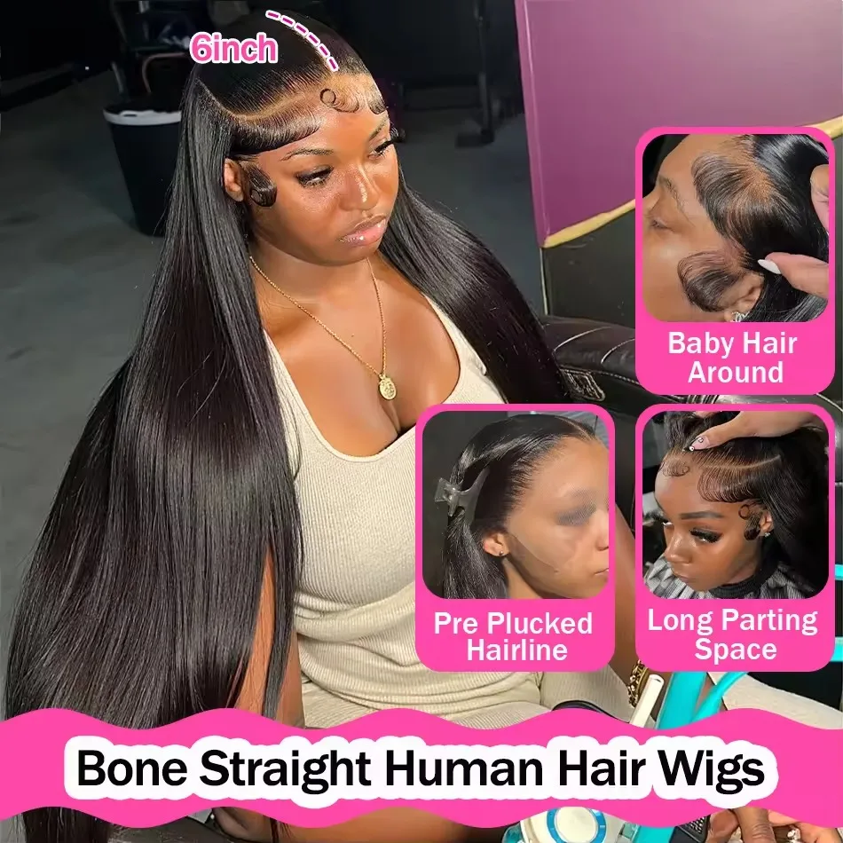 Choice 200 Density 13x4 13x6 Full Frontal 360 HD Transparent Lace 40 46 Inch Long Straight Closure Human Hair Pre plucked Wigs 6