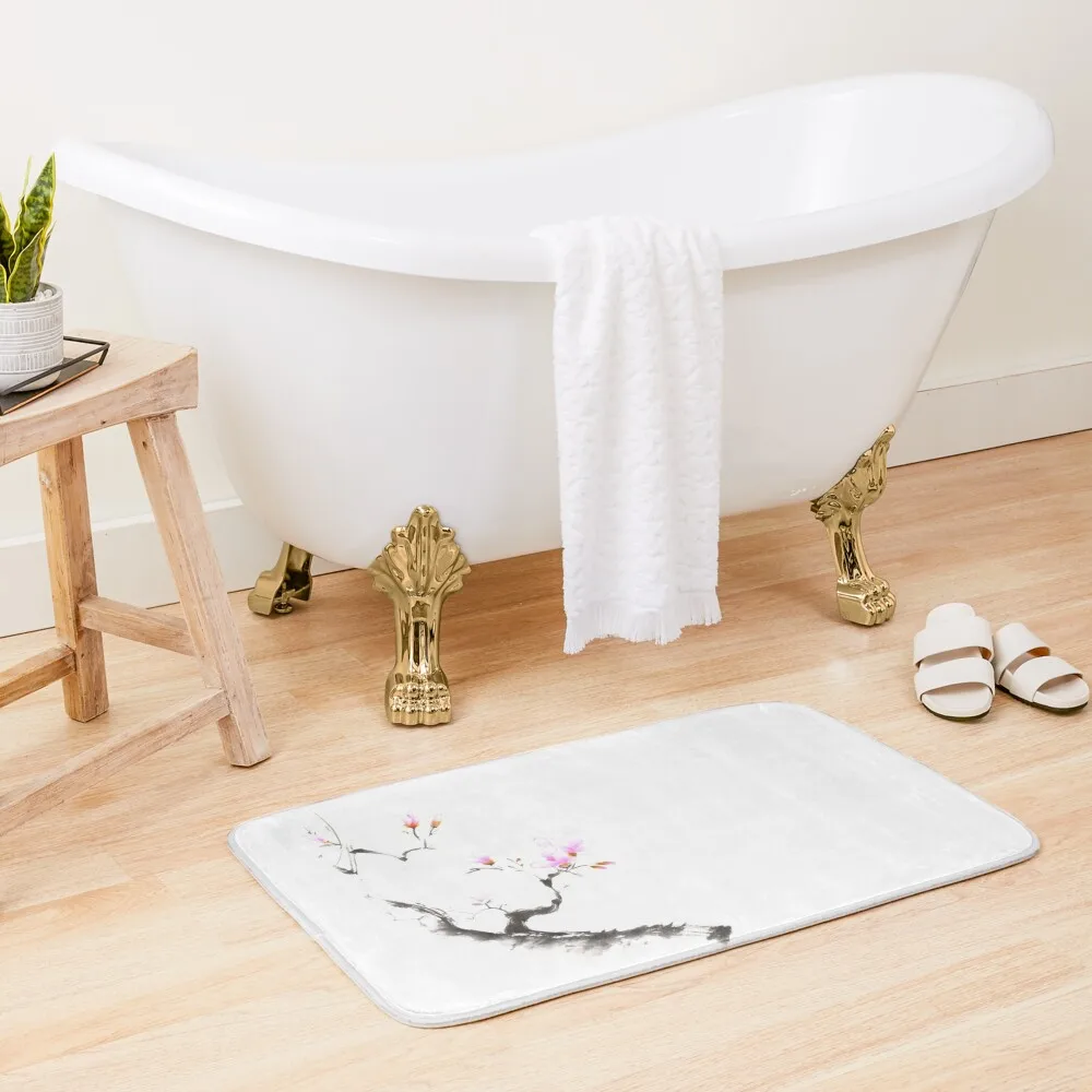 

Charming sumi-e illustration of a budding sakura branch with gentle pink flowers art print Bath Mat