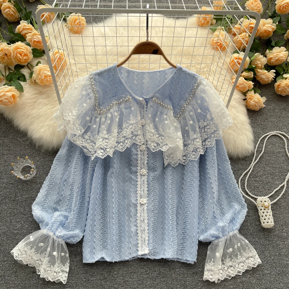 

Design Sense of Minority Heavy Industry Embroidery Lace Splicing Age Reducing Versatile Chiffon Top Women's Spring