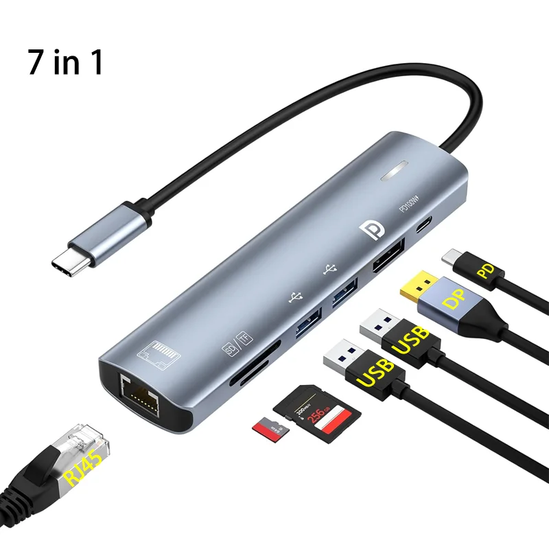 7-in-1 8K 60HZ DP HUB PD100W, Ethernet, 2 USB-Anschlüsse, SD/TF Multiport USB zu DP Adapter Dockingstation 4K 144HZ – Detail 1