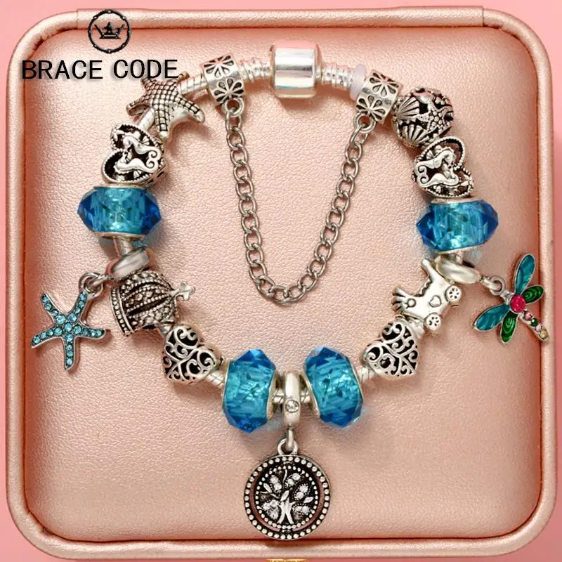 

Fashion Antique Silver plated Bracelets & Bangles Blue crystal.Tree of Life Pendant Bracelet for Women DIY Original Jewelry Gift