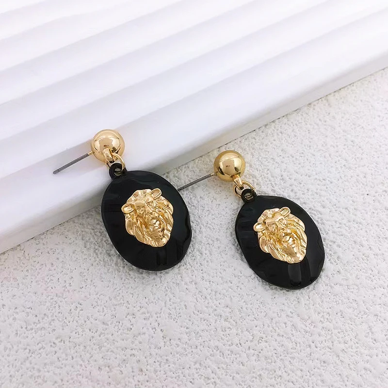 여성용 빈티지 패션 블랙 에나멜 사자 머리 귀걸이, 웨딩 파티 섬세한 미니 메탈 펑크 댕글 드롭 귀걸이 쥬얼리