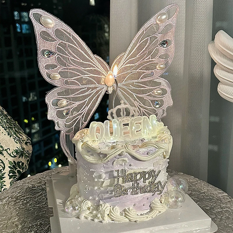발렌타인 데이 케이크 토퍼 장식 수제 큰 나비 삽입, 생일 축하 LED 라이트 베이킹 용품