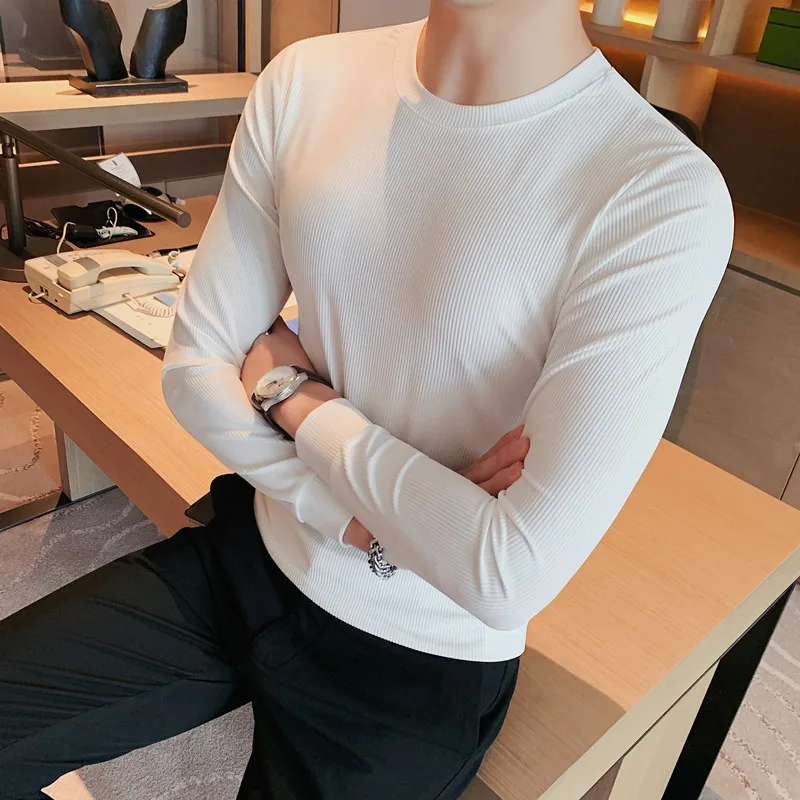 

2022 New Fashion Autumn Slim Fit Boy Long-sleeved Round Neck Pullover Solid Color Bottoming British Casual T Shirt Men Clothing