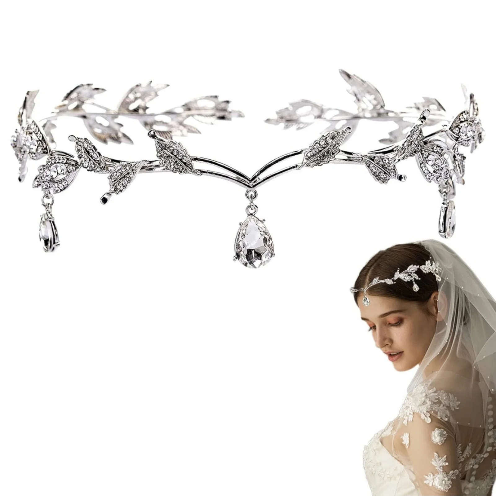 1PC Silver Crystal Leaf Bridal Headpiece,Exquisite Wedding Hair Accessory,Sparkling with Drop-shaped Gemstones, Ideal for Brides