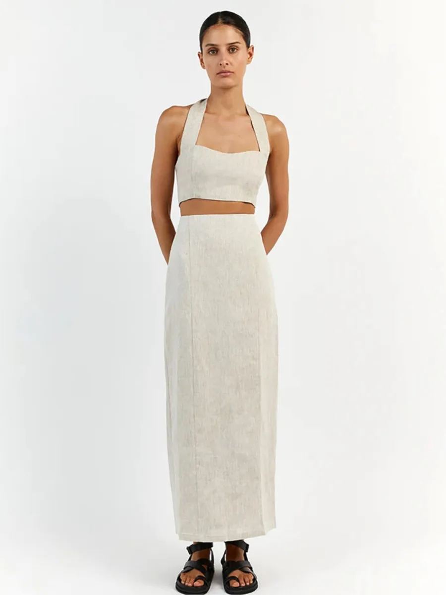 

Cotton Linen Skirt 2 Piece Set 2024 New Sleeveless Cropped Halter Tops Outfit Casual Holiday Summer Split Midi Skirts Sets Women