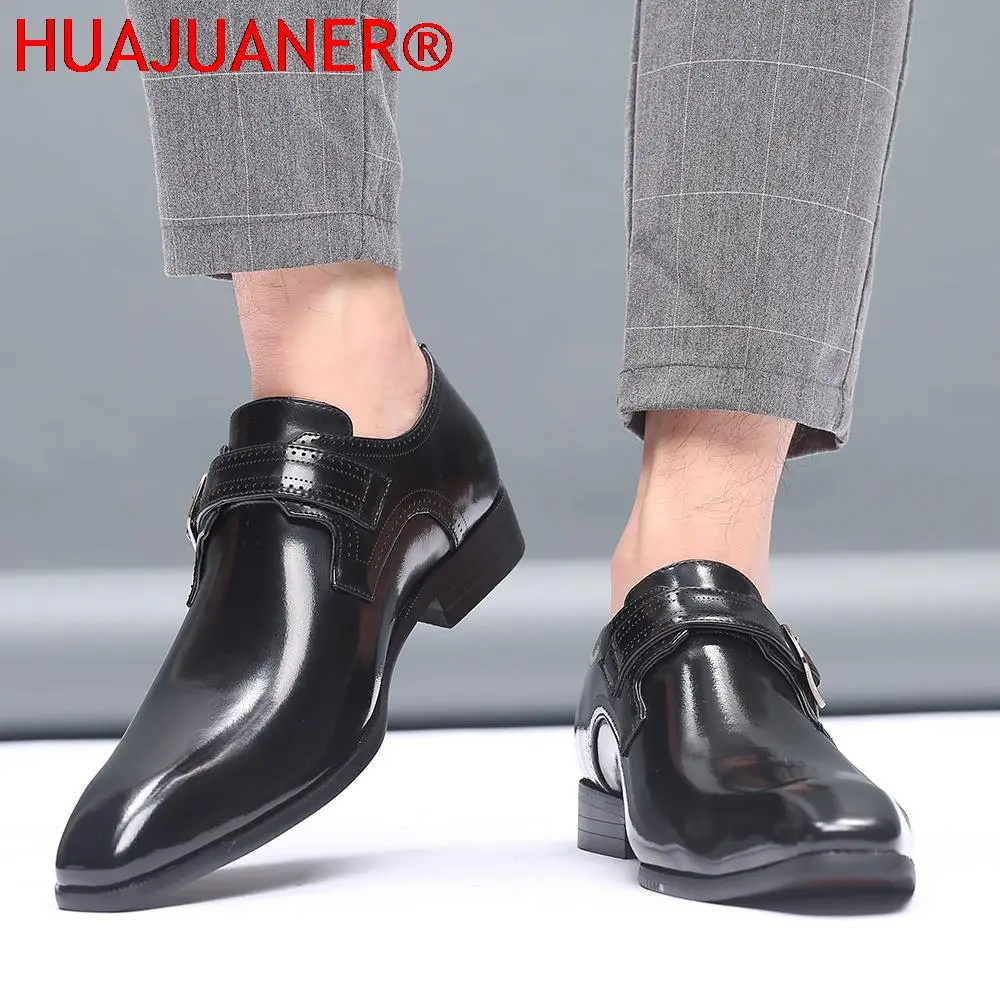 Men's Fashion Vintage Buckle Derby Shoes Men Leather Dress Shoes Wedding Party Mens Business Office Oxfords Slip-On Flats
