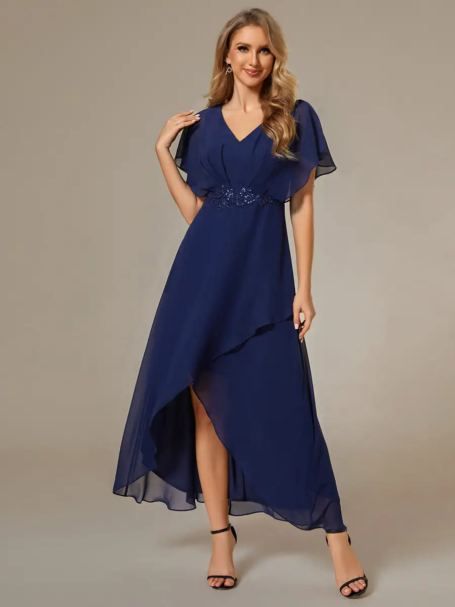 

Elegant Evening Dress V Neck Short Sleeves Appliques High-low Knee-length 2024 BAZIIINGAAA of Chiffon Navy Blue Bridesmaid Dress