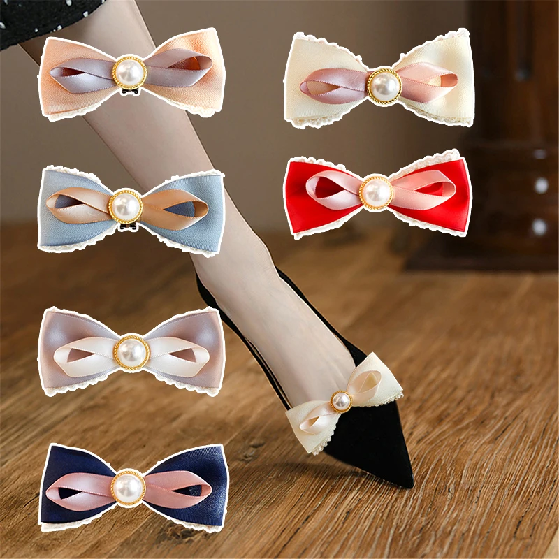 

2 Pcs Decorative Shoe Clips Classic Lace Bow Shoe Embellishment Detachable Shoe Buckle Shoe Decor for Ladies Pumps Flats