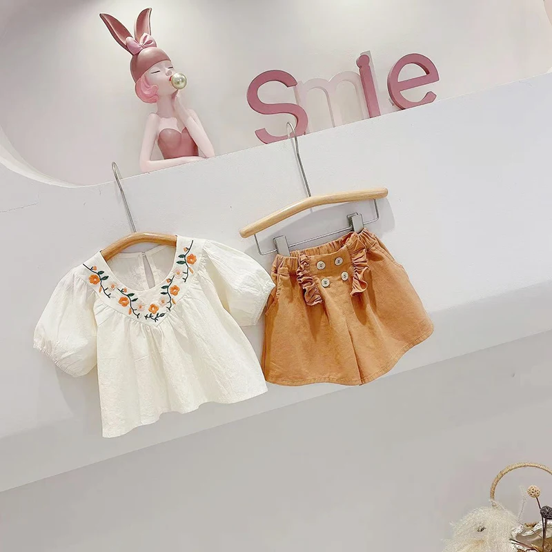 

Girls Clothing Set Summer New Korean Style Baby Kids Embroidery Top Shorts 2 Pieces Outfits