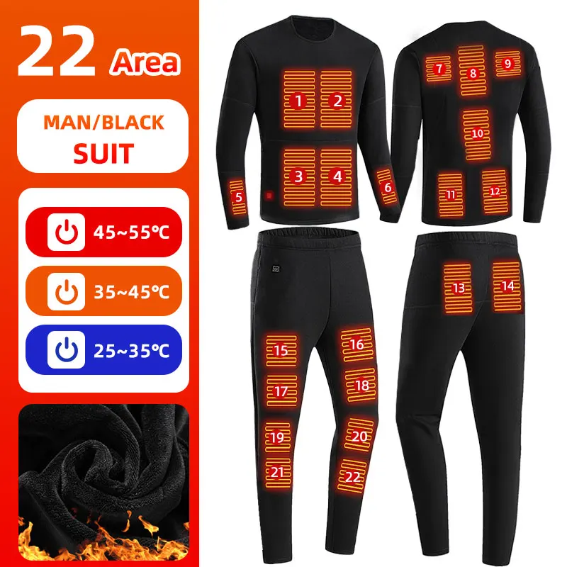 thumbnail image 1 of Conjunto de ropa interior con calefacción de 22 zonas para hombre y mujer, traje de invierno con calefacción, pantalón térmico para motocicleta con alimentación eléctrica por USB, 1 of 5