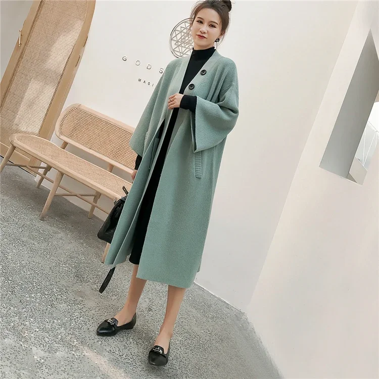 New 2024 Autumn Winter Women Sweaters Knitting Warm Korean Style Elegant Cardigan Casual Long Coat Outerwear Ladies Black Khaki