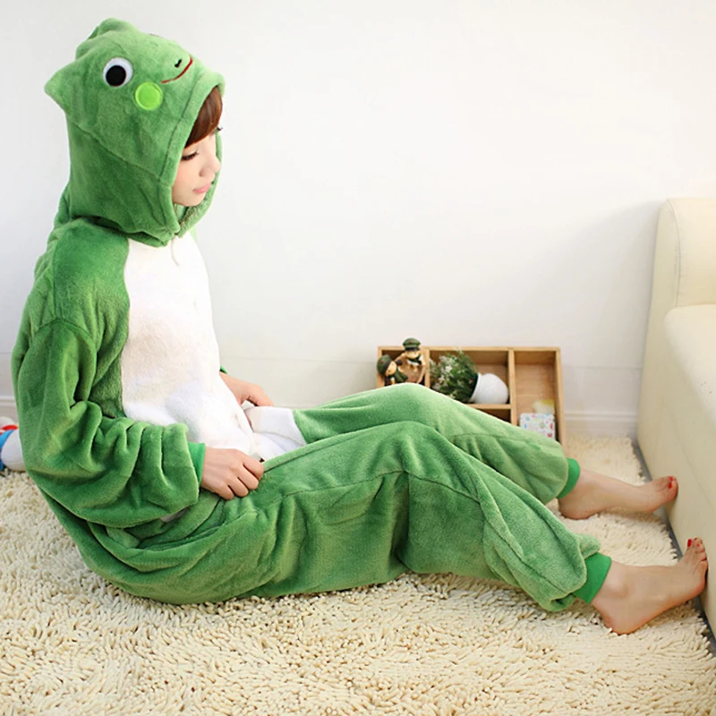 Animal Kigurumi Onesie Women Pajamas Green Frog Funny Flannel Warm Soft Overall Onepiece Nightwear Halloween Christmas Jumpsuits