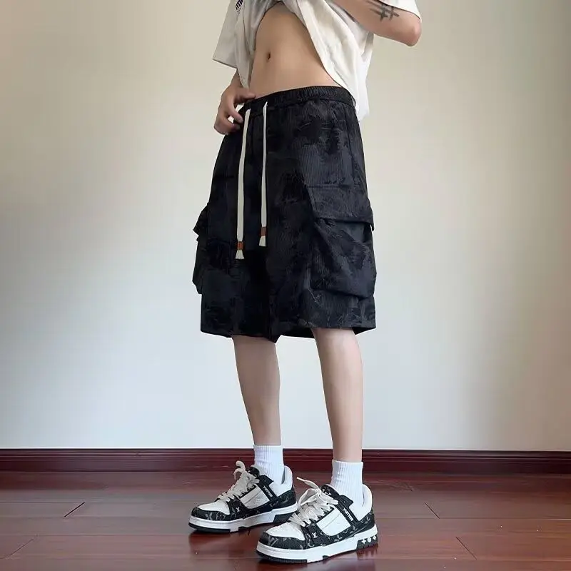 2025 American Black Workwear Shorts Men's Summer High Waisted Youth Pants Casual Tie Dye Large Pocket Five Quarter Horse Pants 4