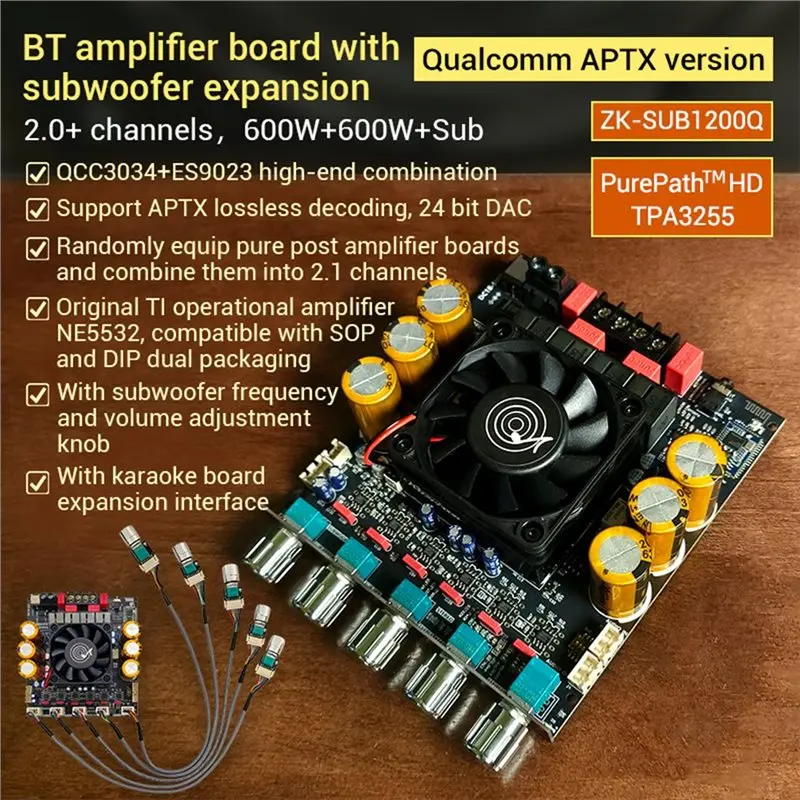 【지금 절약하세요】SUB1200Q 블루투스 디지털 앰프 보드 QCC3034+ ES9023 서브우퍼 확장 기능이 있는 Bt 앰프 보드 600W X 2