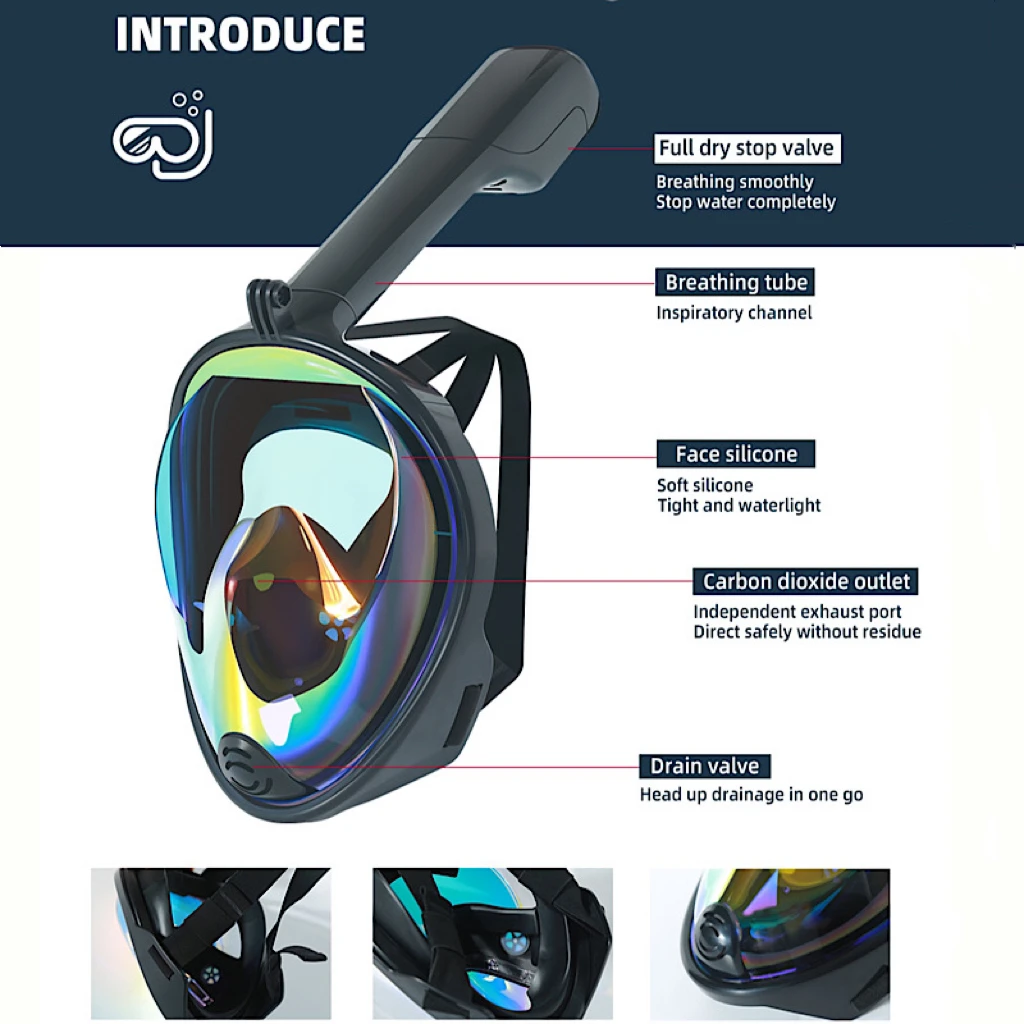 Odoland Full Face Snorkel Mask For Man And Women, 180° Panoramic View Snorkeling Mask With Camera Mount, Dry Top Safety Breathing System Anti-Leak Anti-Fog Diving Mask For Adult,Deep Blue,S/M, Diving Masks