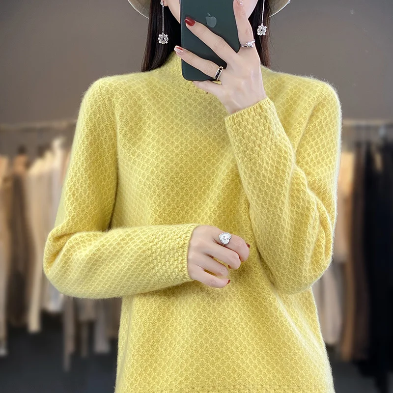 

Women's Soft Wool Sweater Half-high Collar Grid Thickened Pullover Autumn Winter Casual Knit Basis Top Cashmere Female Knitwear