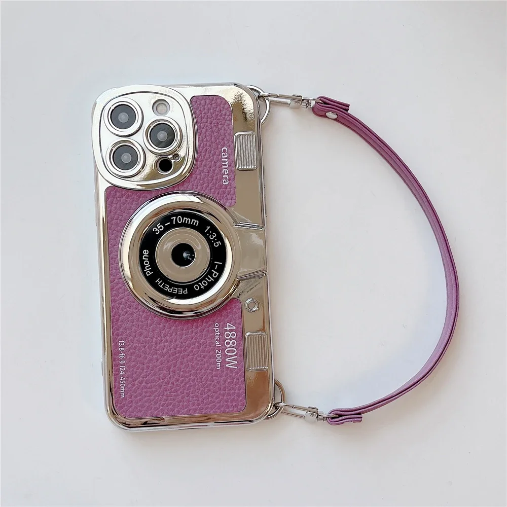 Luxury Retro Stereo Camera Hand Lanyard Phone Case with Leather Pattern