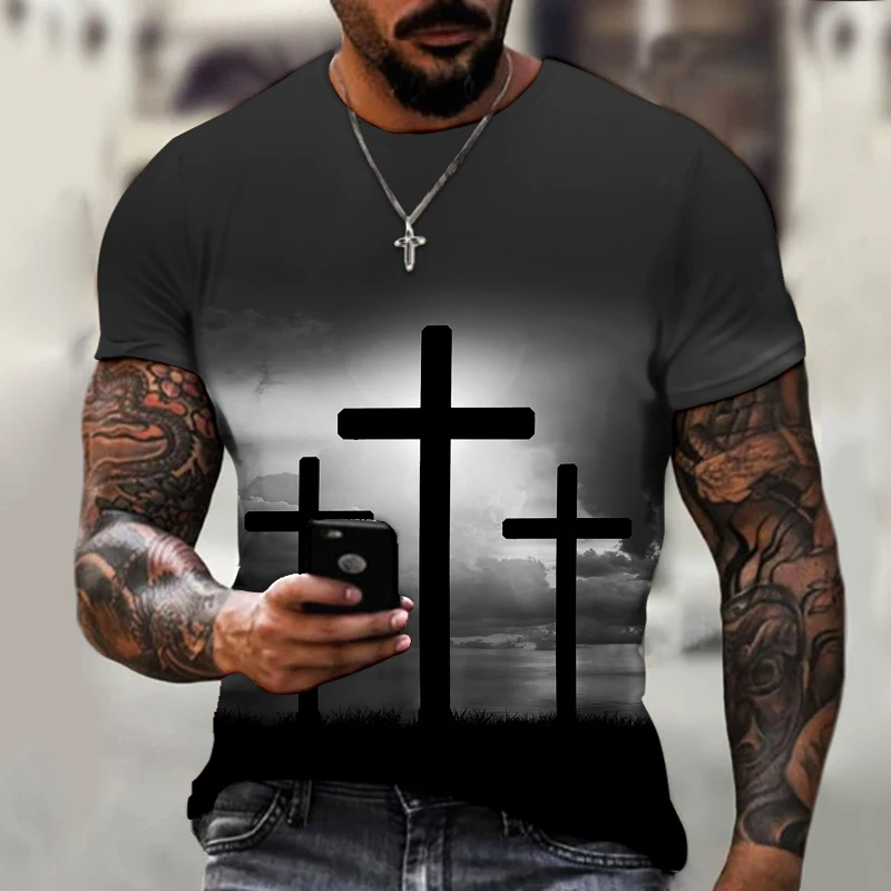 Camiseta de manga curta grande masculina, Deus, Religião, Cristo, Estampa Cruz de Jesus, gola redonda, moda casual, roupa de verão 4 Sab069318d6bc4f0fb4a0204098f79a05u