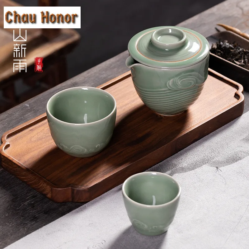 Handmade Longquan Celadon Travel Tea Set Kit Ancient 1 Pot 2 Cups Tea Maker Organizer Portable Picnic Handbag Kung Fu Tea Set