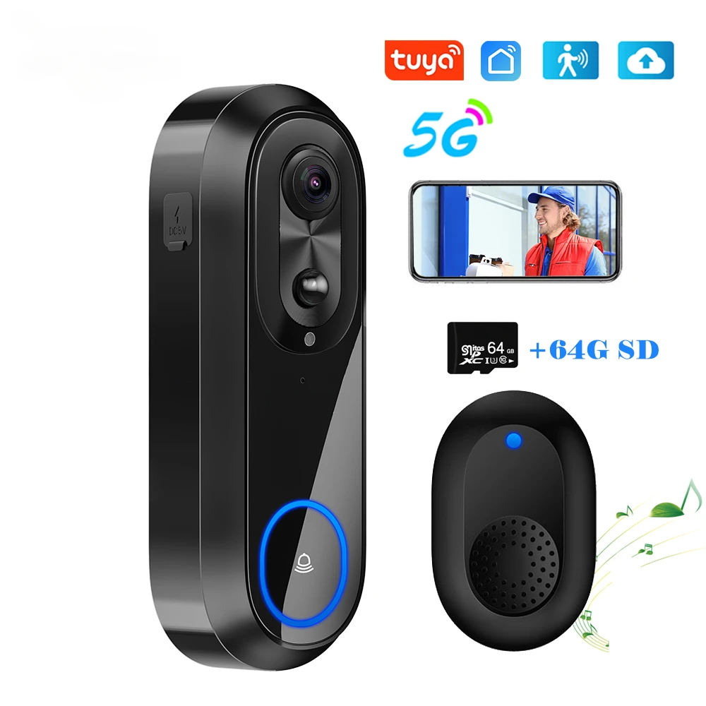 투야 스마트 홈 무선 인터콤 카메라 문짝 벨, 보안 보호, IP65 방수, 5G 2.4G 와이파이 비디오 초인종, 1080P