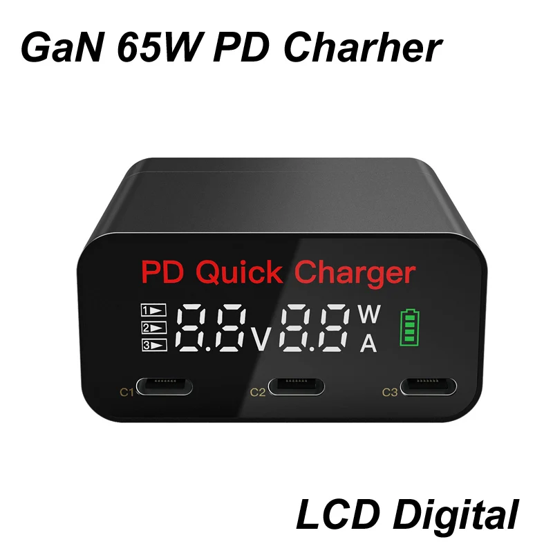 

3 Ports GaN 65W PD Chargers LCD Digital USB Charger EU US UK Plug USB TYPE-C Fast ChargingFor MacBook Notebook Laptop Xiaomi iPhone 13 12 14 Samsung