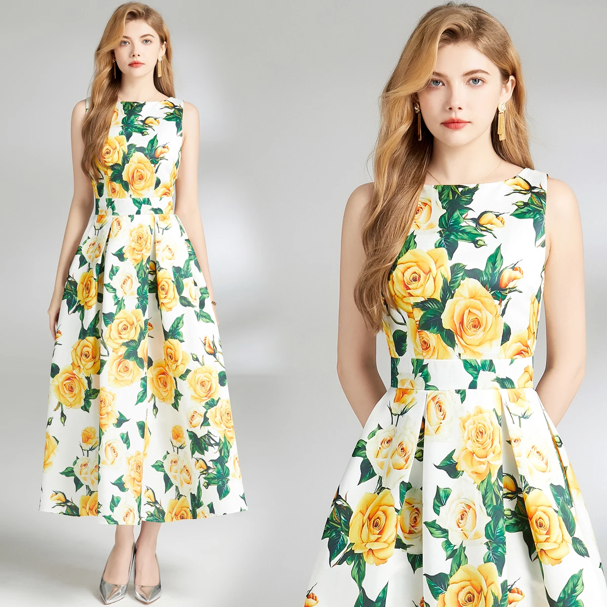 

New Fashion Women Summer Flower Print O Neck Sleeveless Tank Dresses A Line Casual Holiday Beach Office Dresses