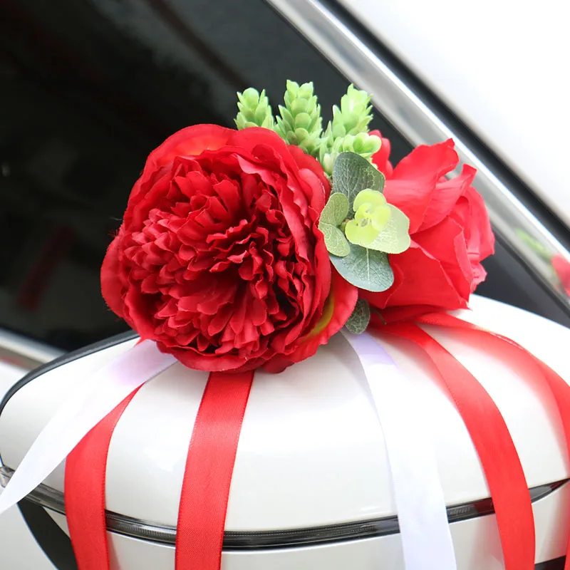 Decorazione per Auto Nuziale, Fiori Artificiali di Rose Bianche, Accessori per Maniglie e Specchietti, Composizioni Floreali per Matrimonio  15