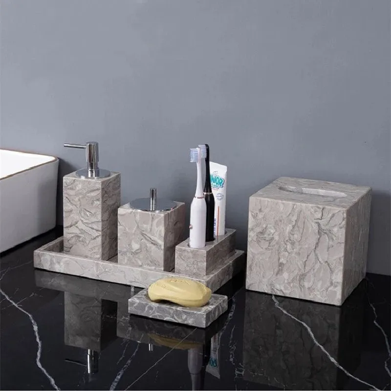 Bathroom Set Marble Liquid Soap Dispenser Bottle Dish Toothbrush Holder Rack Gargle Cup Tray Cotton Swab Tissue Box Nordic Style