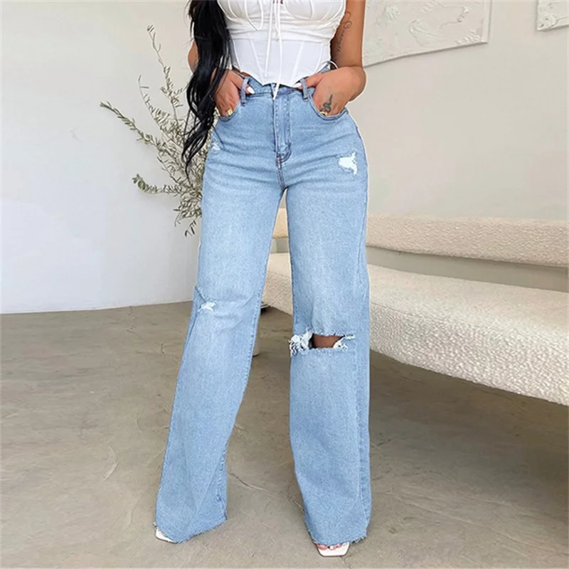 Fashion Knee Broken Holes Hollow Out Straight Jeans Women High Waist Button Splicing Denim Pants Female Casual Wide Leg Trousers