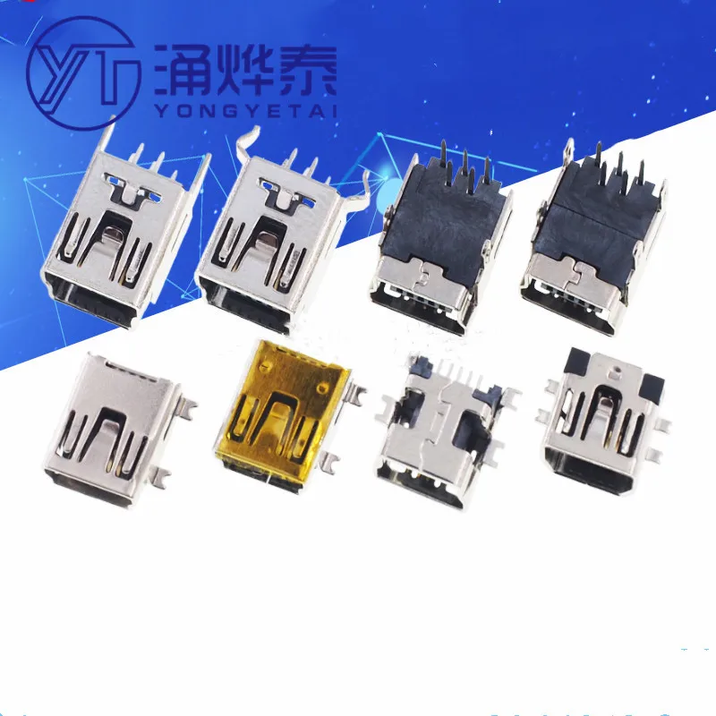 YYT 20PCS MINI USB socket SMD T-type female port Straight foot Bend foot 2 4 Positioning short body Sinking plate