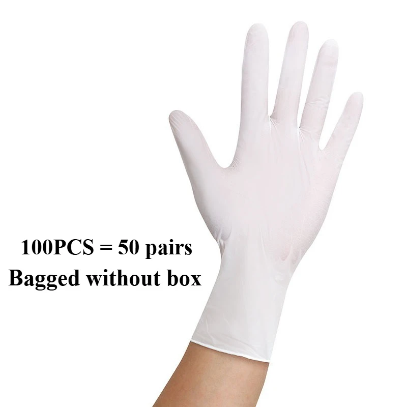 Lot de gants jetables en latex blancs empilés sur fond bleu, tailles S à XLL disponibles.
