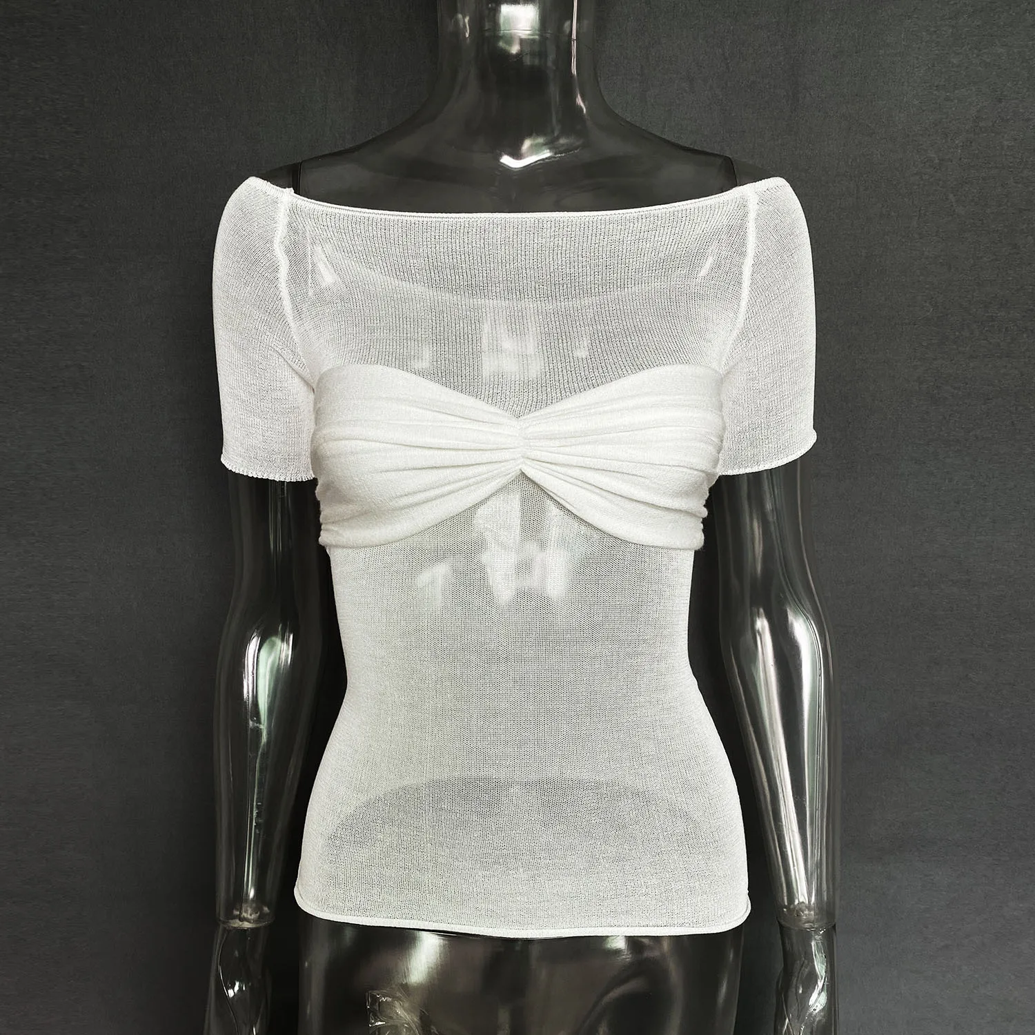 Short Sleeve Mesh Top Shirt For Women Off-Shoulder See-Through Knit Sexy Pullover Summer Sheer New 2025 Ladies T-shirt