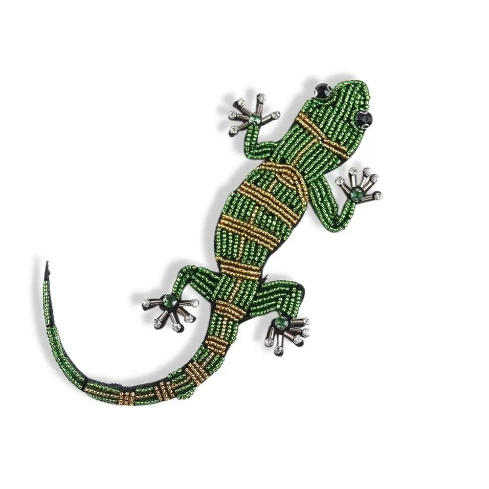 Большая мультяшная зеленая вышивка Gecko ручной работы с бусинами аппликация