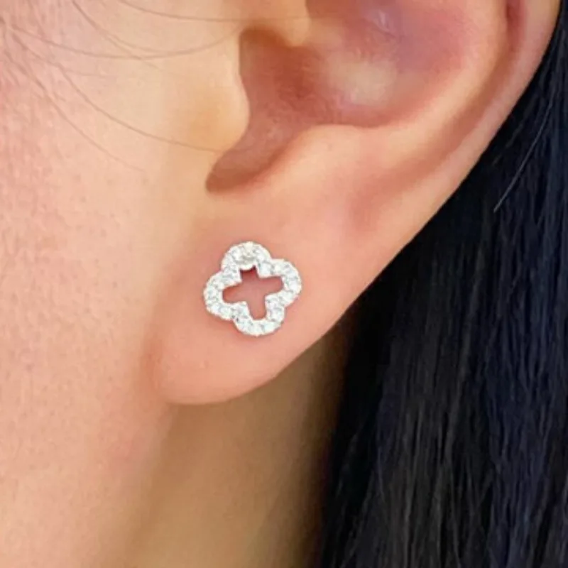 925 Sterling Silver Four Leaf Flower Mini Stud Earrings for Women Personality Hollow Inlaid Zircon Earring Piercing Jewelry Gift