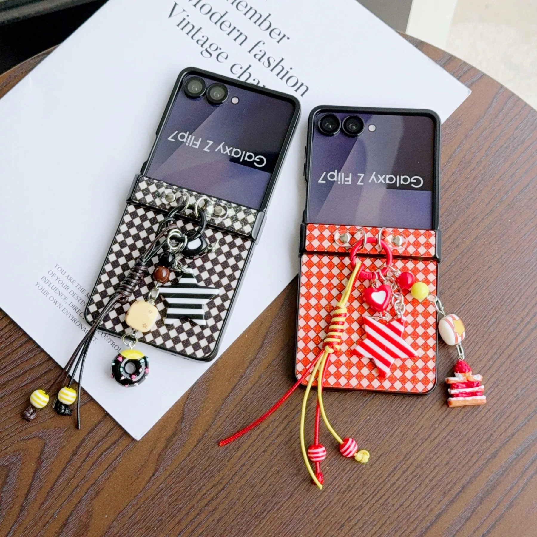 Cute Glitter Rhombus Pattern Phone Case with Donut Cake Pendant