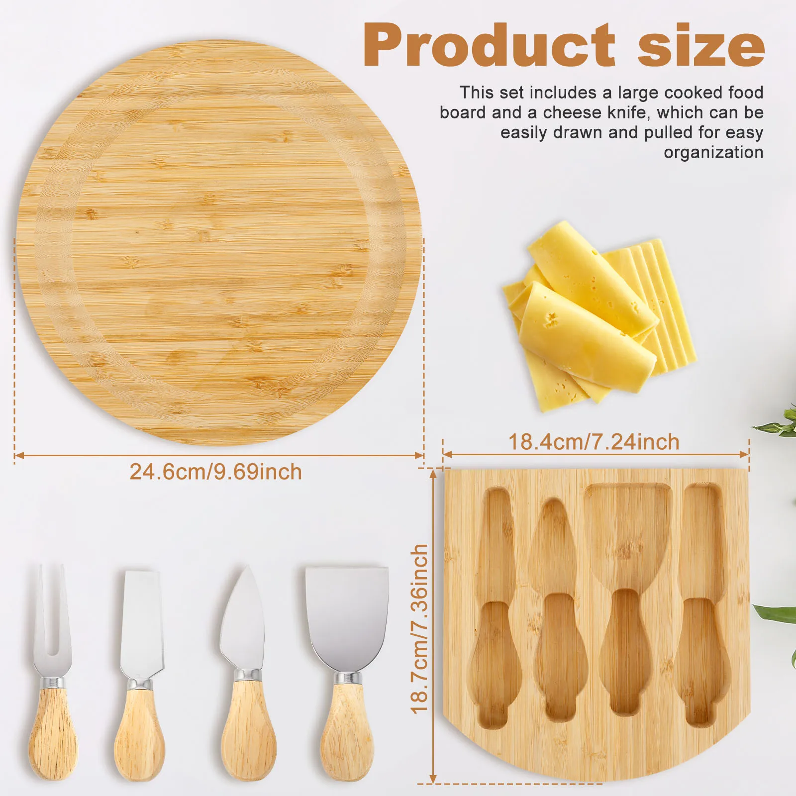 Description Picture 4 of itemPizza Board Bamboo Tray Cheese Plate With Cheese Knife Mini Cake Dessert Pallet Xmas Party Pudding Pizza Bread Cutter Tray Set